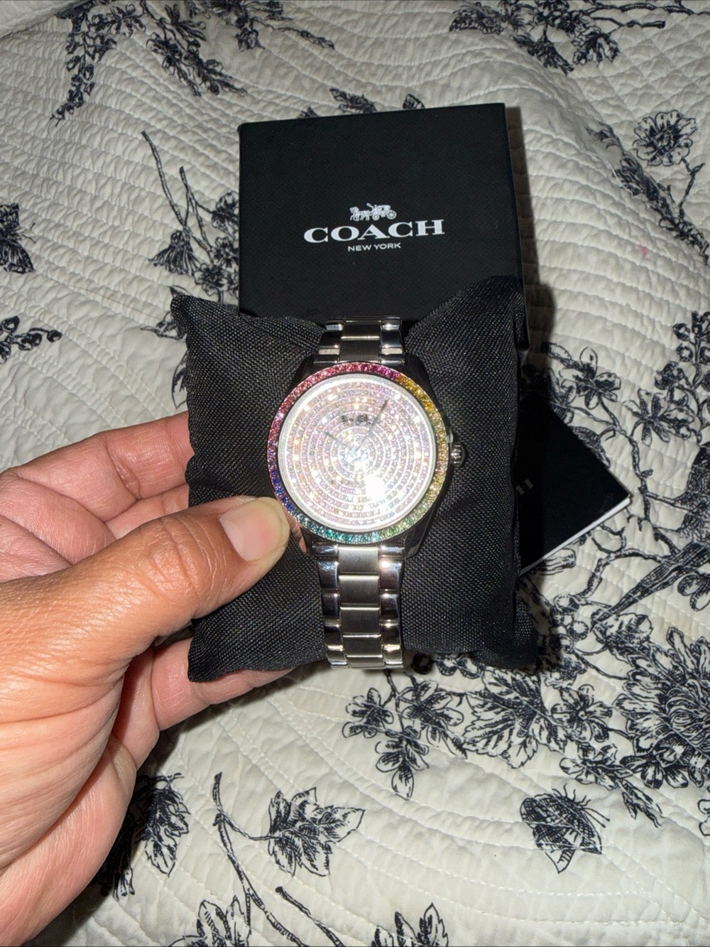 Coach Silver Crystal Pave Dial Rainbow Bezel Women's Watch NEW